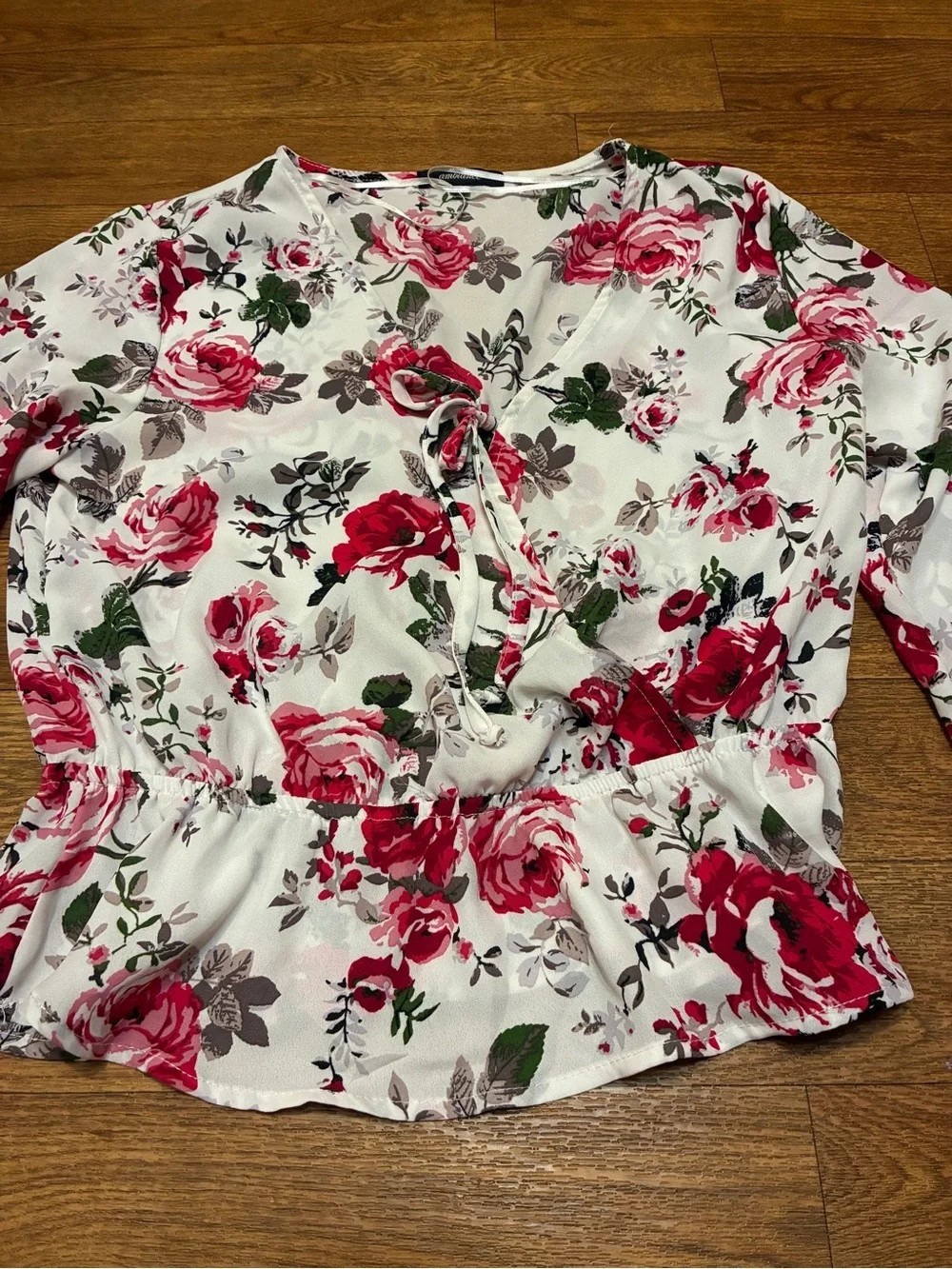 Floral Tie-Front Peplum Top - White with Pink & Red Roses